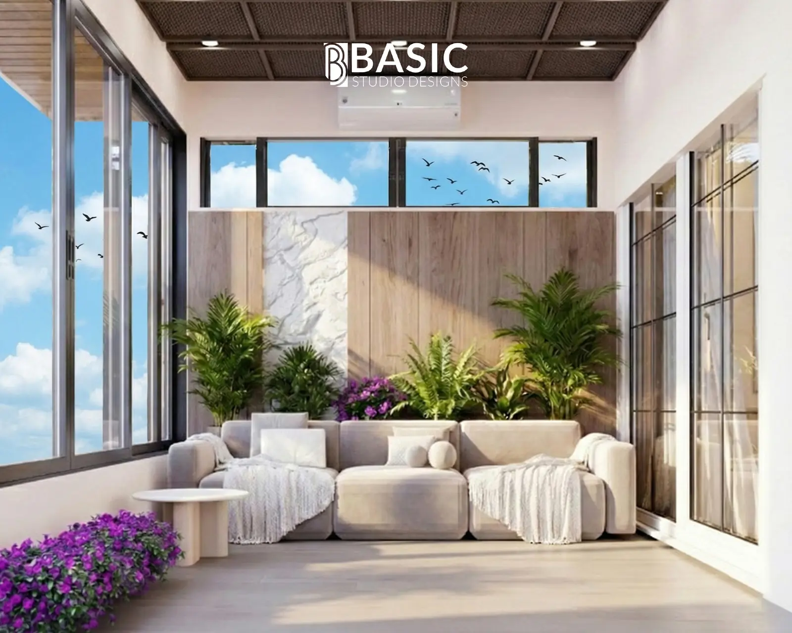 تصميم غرفة معيشة وتراس - بيزك ستوديو ديزاين