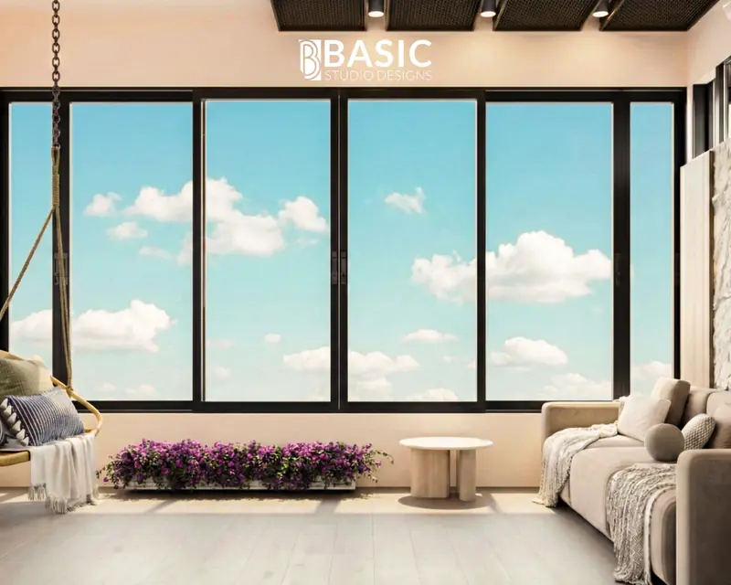 تصميم غرفة معيشة وتراس - بيزك ستوديو ديزاين 3
