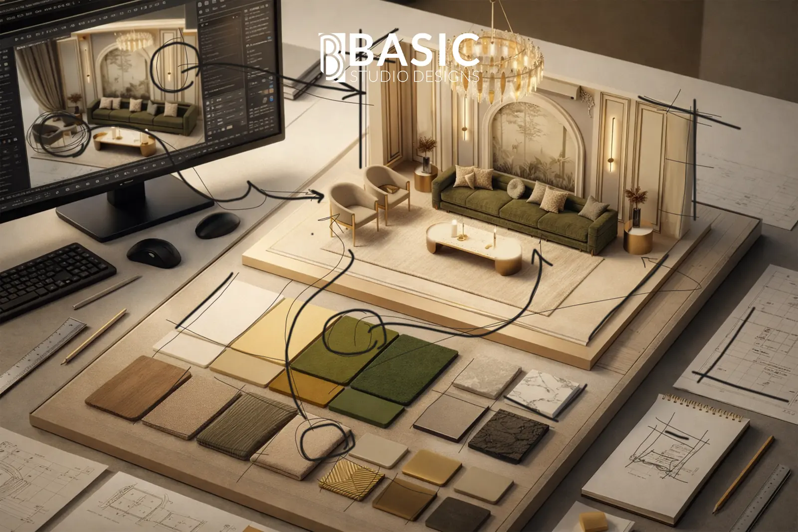تصميم صالة استقبال وغرفة معيشة - بيزك ستوديو ديزاين